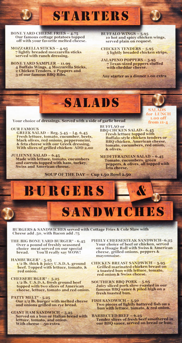 Boneyard Menu - Come to The Boneyard III, a family Bar-B-Q restaurant. Located in Livonia, Michigan. 