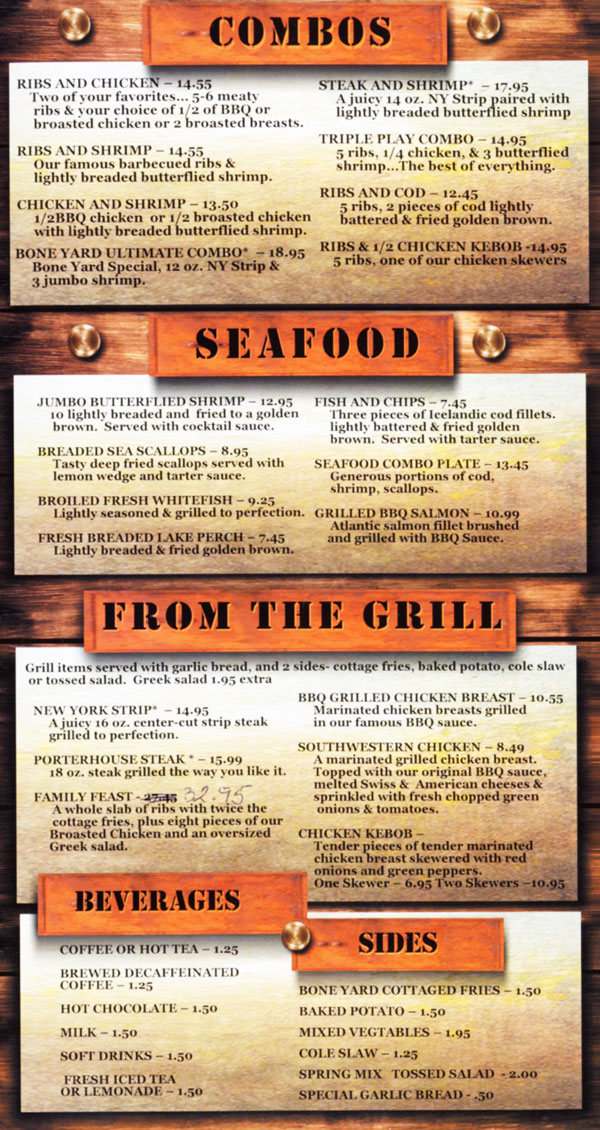 Boneyard Menu - Come to The Boneyard III, a family Bar-B-Q restaurant. Located in Livonia, Michigan. 