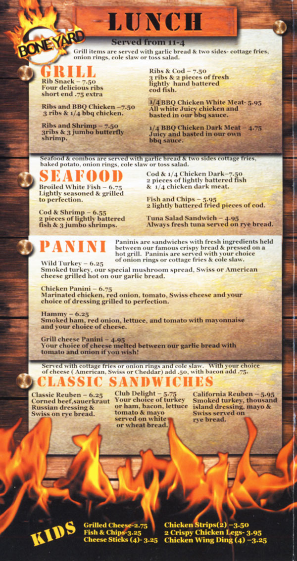 Boneyard Menu - Come to The Boneyard III, a family Bar-B-Q restaurant. Located in Livonia, Michigan. 