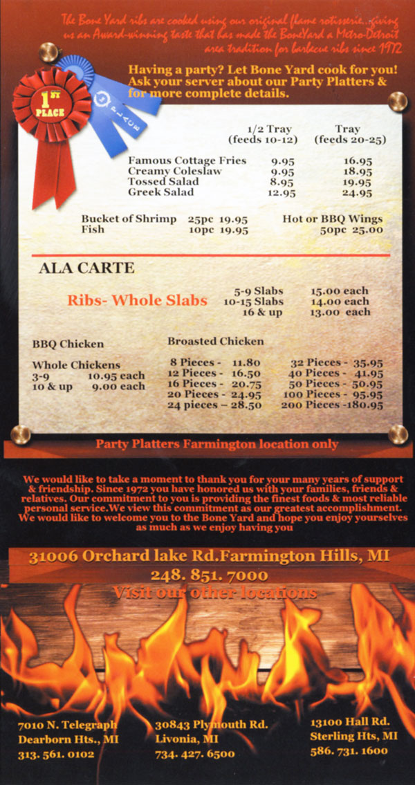 Boneyard Menu - Come to The Boneyard III, a family Bar-B-Q restaurant. Located in Livonia, Michigan. 